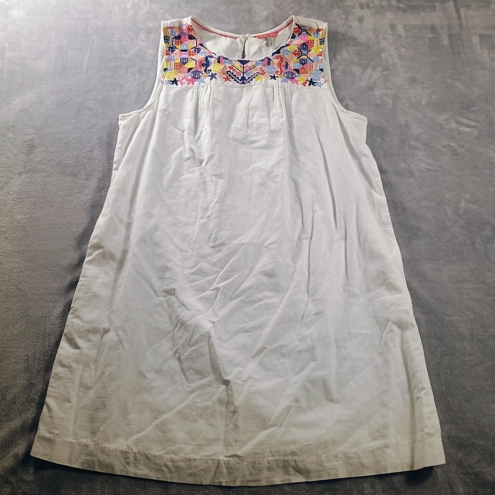 Joules White Sleeveless Dress with Colorful Embroidered Yoke
